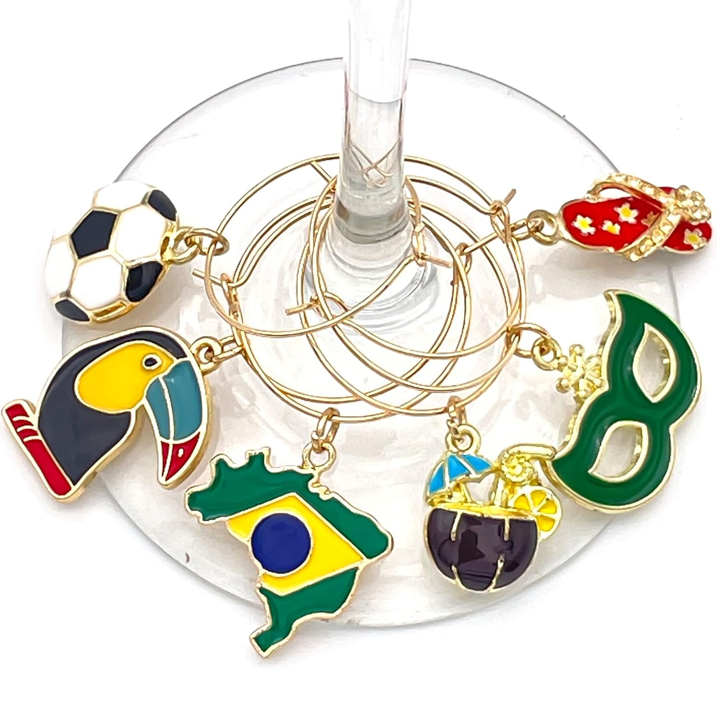 Brazilian Wine Charms hooked on the glass.
