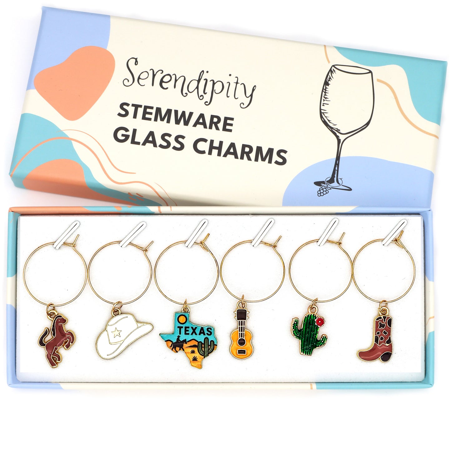 Serendipity Texas Wine Glass Charms Set Stemware Charms for Western Souls, Texas Hosts, and State Pride Collectors