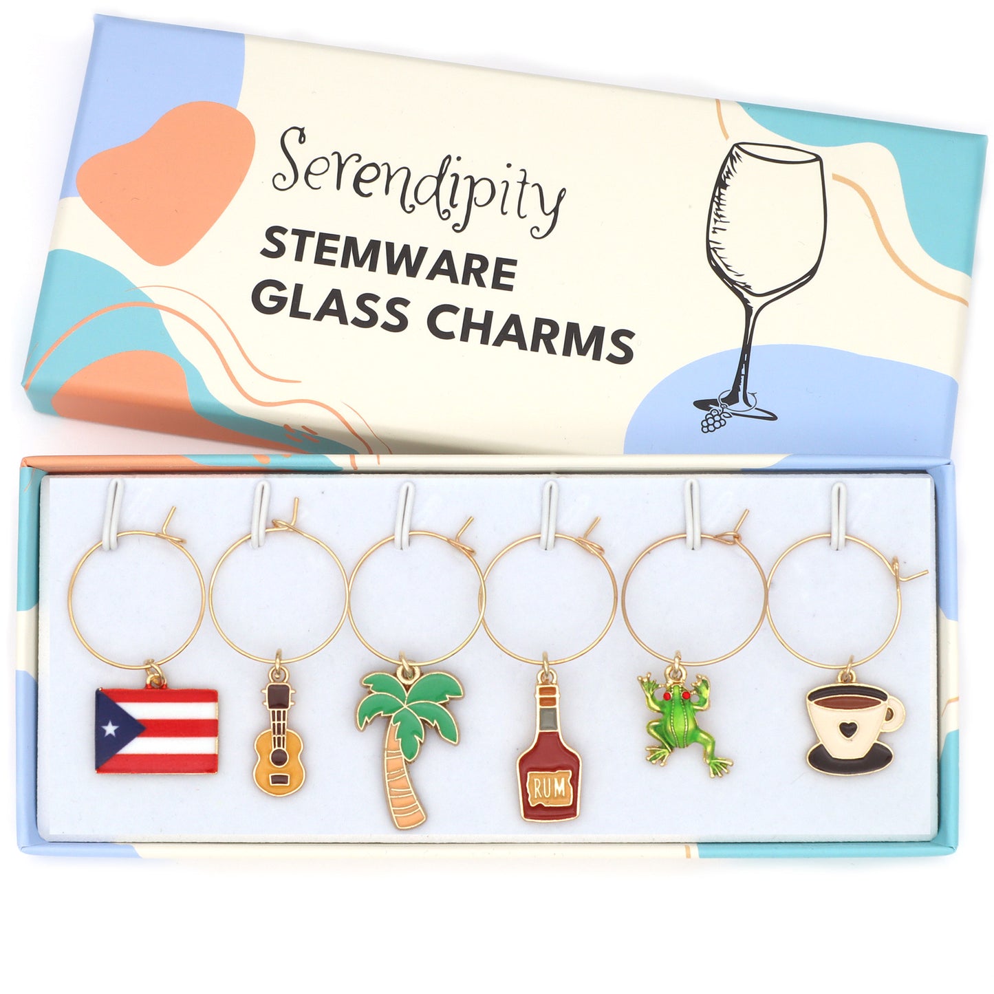 Puerto Rico Wine Charms, Boricuas Gift, Set of 6 Include: Guitar, Coqui Frog, Puerto Rico Flag, Rum, Palm Tree and Coffe