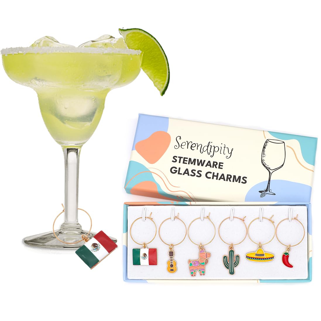 A set of Mexico Wine Charms in the box next to Wine Glass.