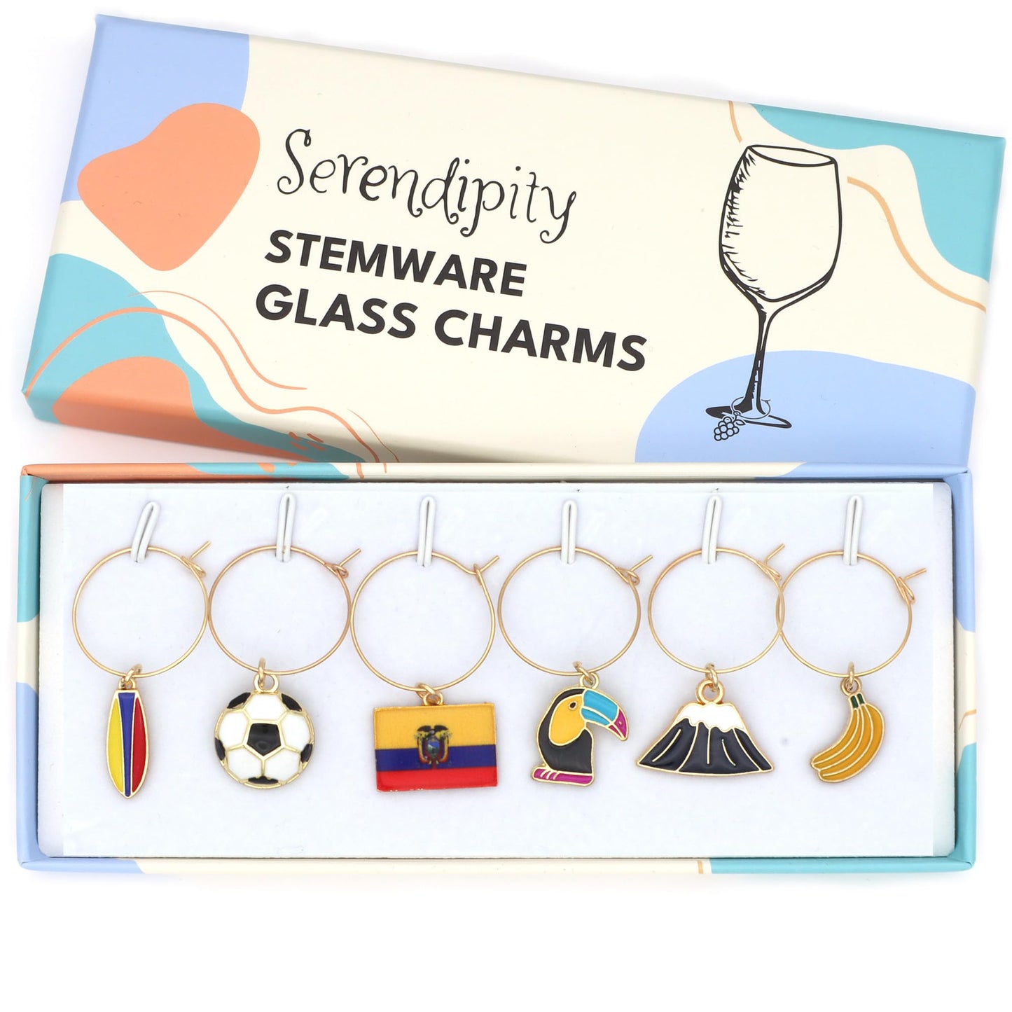 A set of Ecuador Wine Charms featuring flag, bananas, toucans, volcanoes, surfboards, and soccer ball in the brand's package.