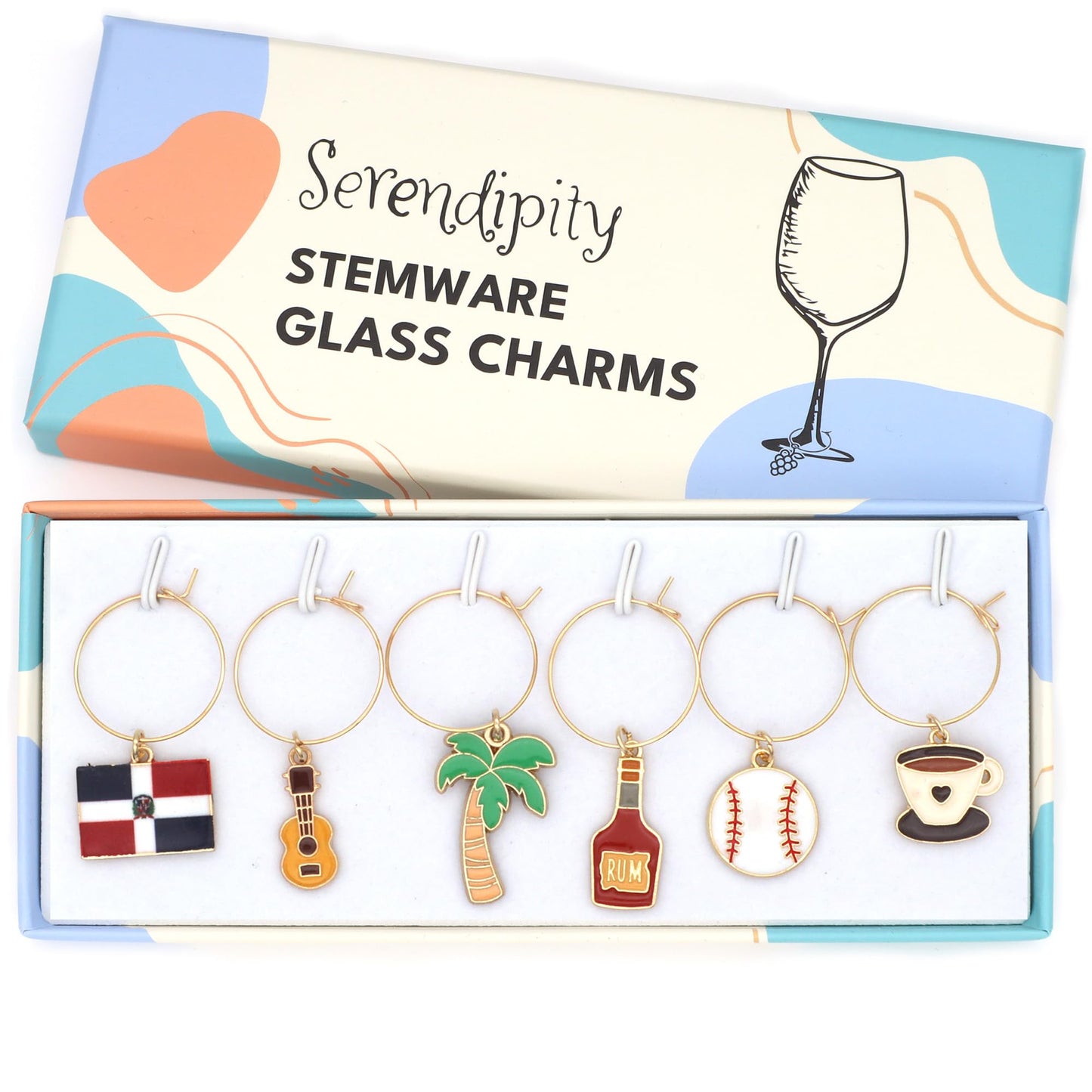 A set of Dominican Republic Wine Charms featuring the flag, palm trees, coffee, baseball, rum, and guitar in the brand's package.