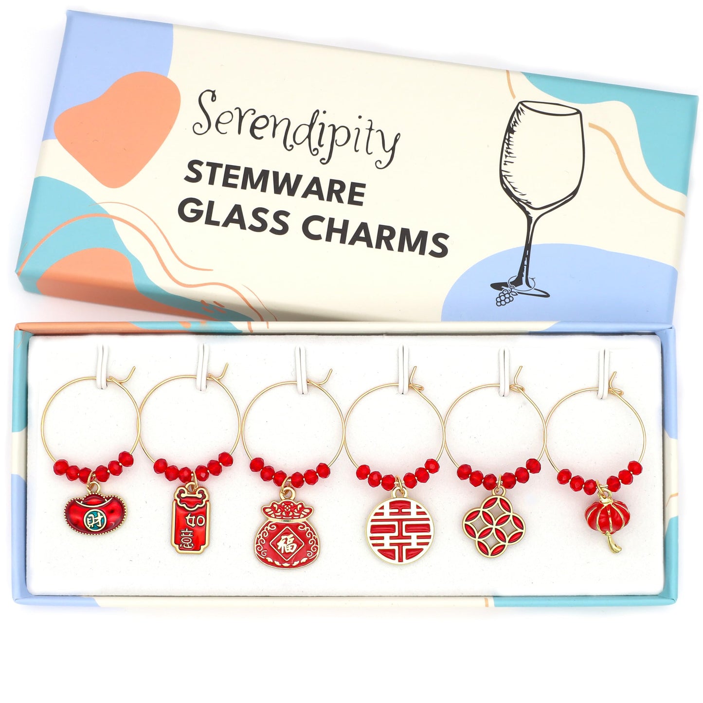 Red-Colored set of Chinese New Year Wine Charms in the brand's box.