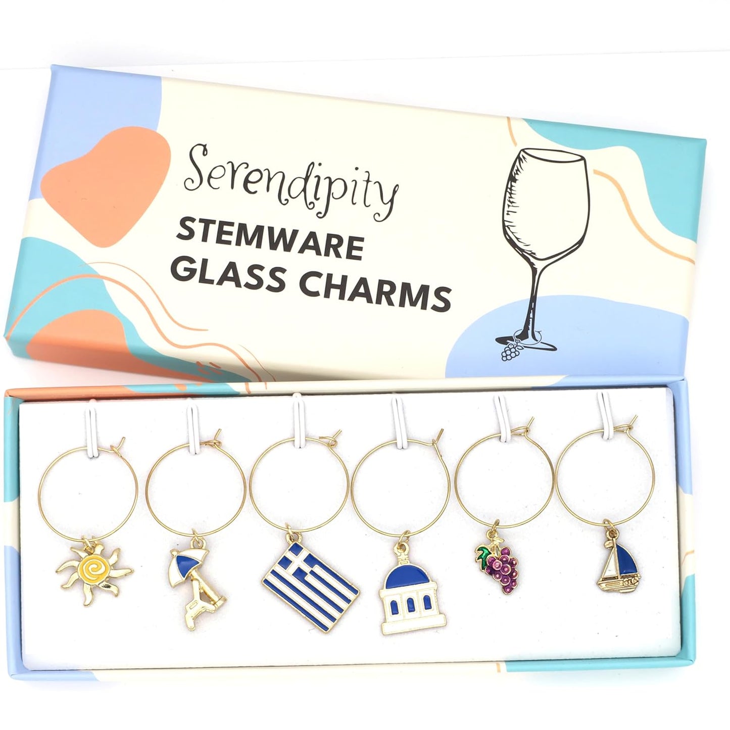 Greek Wine Charms in the brand box.