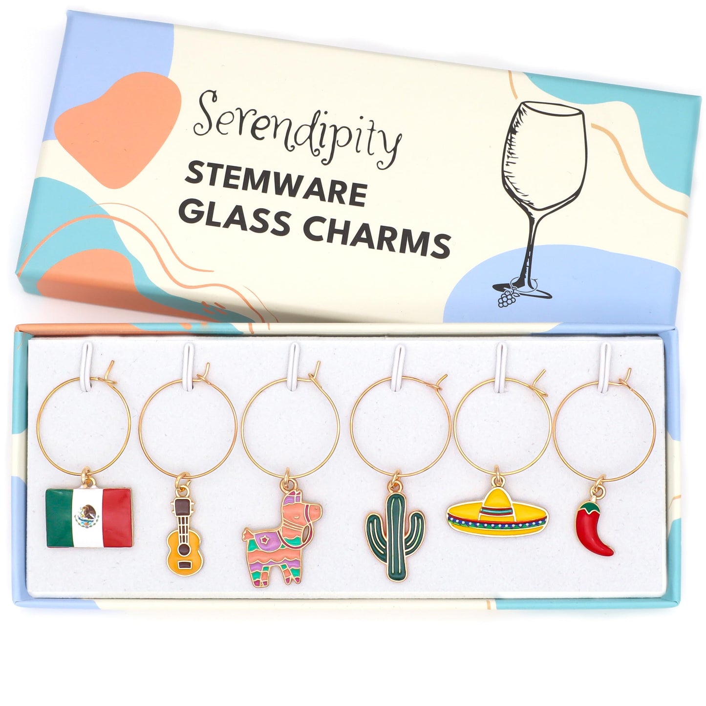 A set of Mexico Wine Charms featuring Piñata, Mexican Flag, Chili Pepper, Cactus, Guitar, and Sombrero in the brand's box.