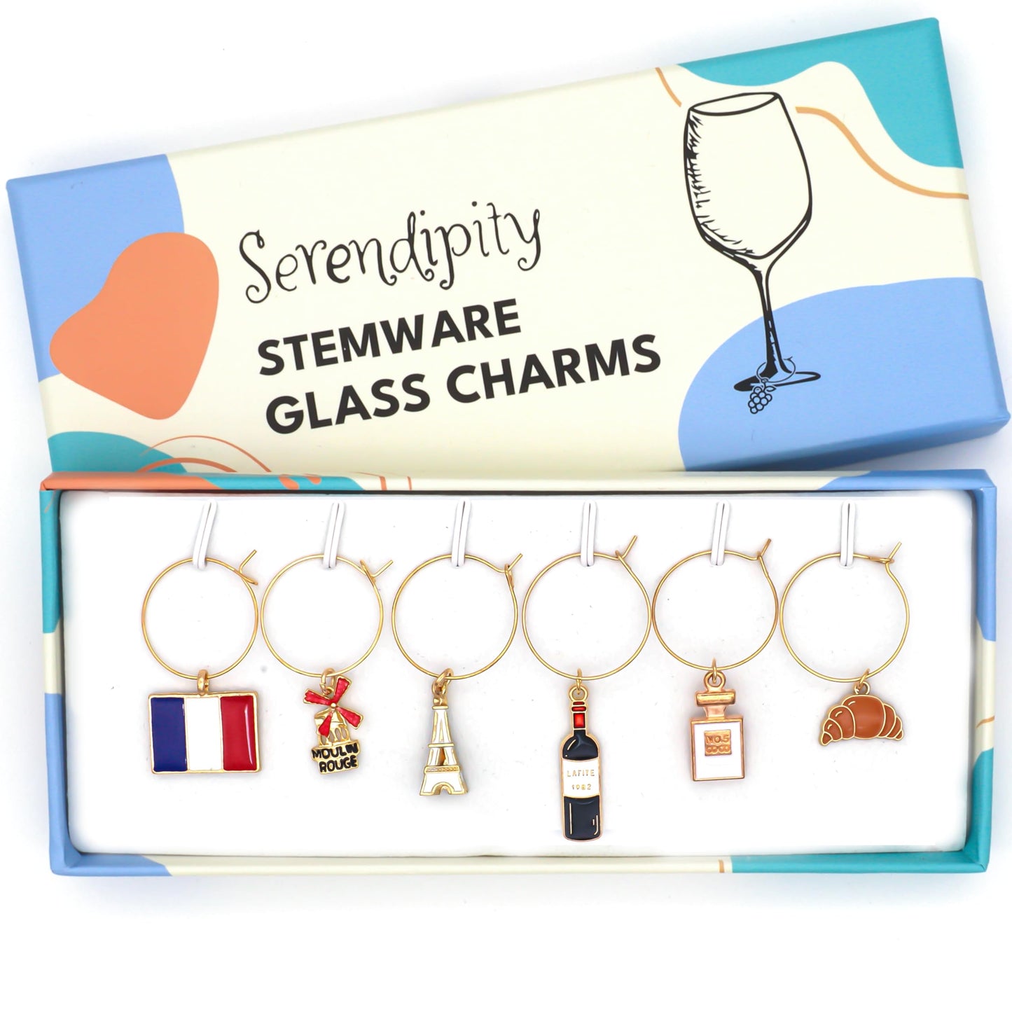 A set of French Wine Charms including the Flag of France, Eiffel Tower, Crossaint, Moulin Rouge, French Wine and Perfume in the brand's box.