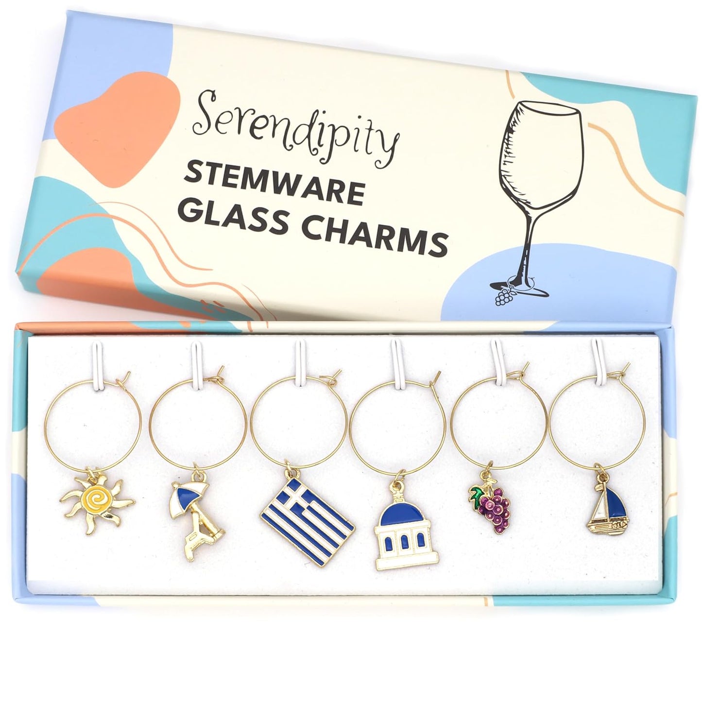 Greek Wine Charms in the brand box.