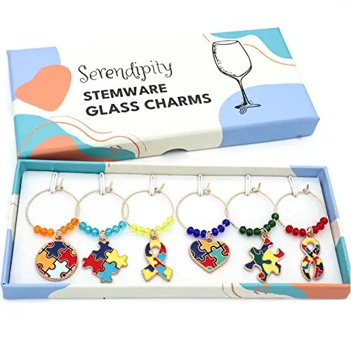Autism Awareness Wine Charms set of 6 colorful puzzle piece charms in the Serendipity gift box