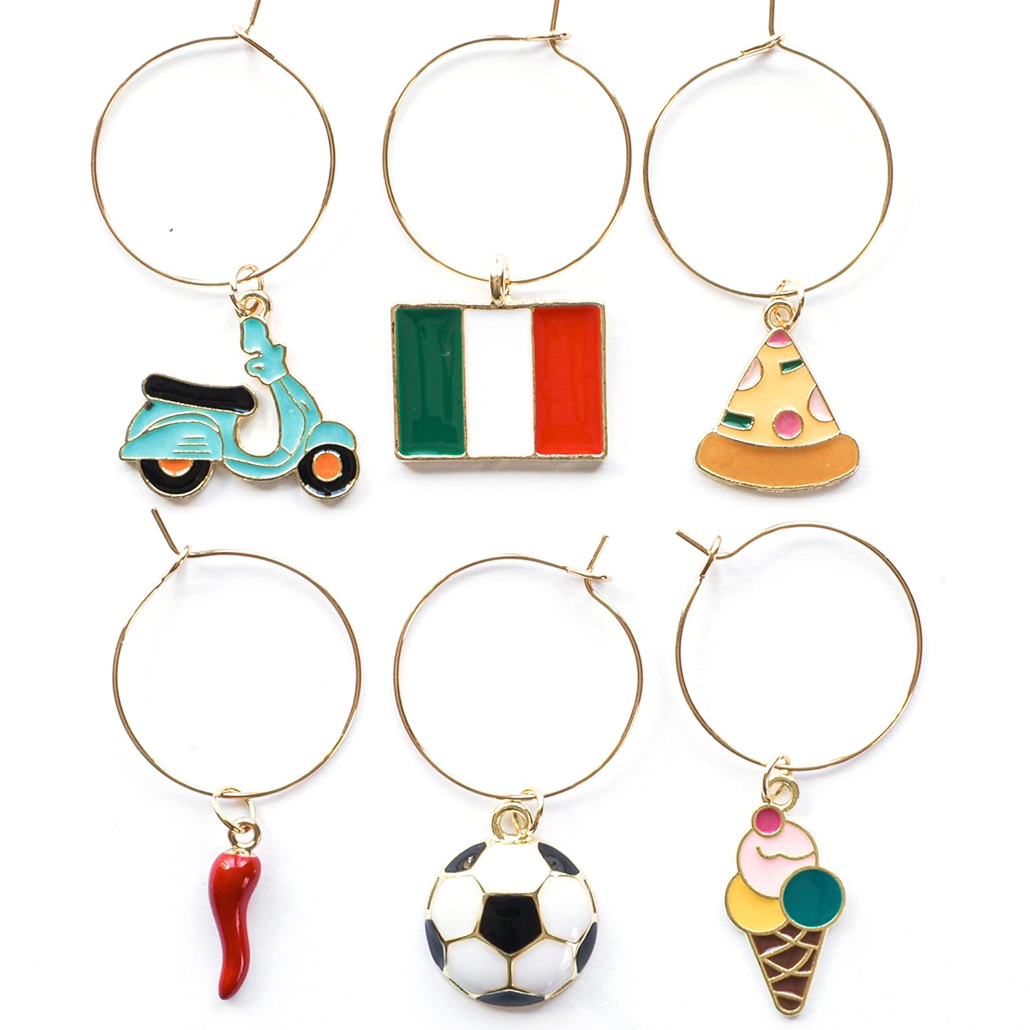 Italian Wine Charms set includes Italian Flag, Vespa, Soccer Ball, Gelato, Red Wine Glass, and Italian Horn on a white surface.