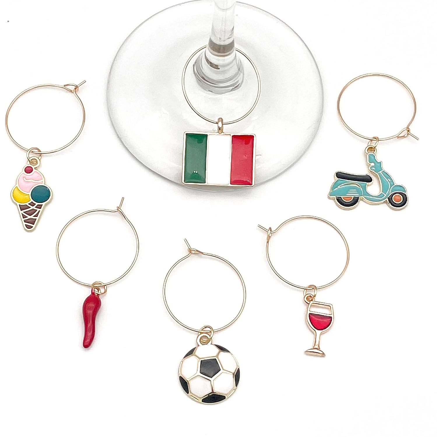 Italian Wine Charms set includes Italian Flag, Vespa, Soccer Ball, Gelato, Red Wine Glass, and Italian Horn on a white surface.