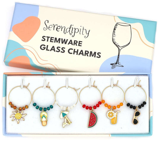 Summer Wine Charms set with Sun, Flip Flop, Sunbed with Umbrella, Watermelon, Cocktail and Sunglasses in the Serendipity gift box