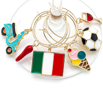 Italian Wine Charms set includes Italian Flag, Vespa, Soccer Ball, Gelato, Red Wine Glass, and Italian Horn hooked on the glass