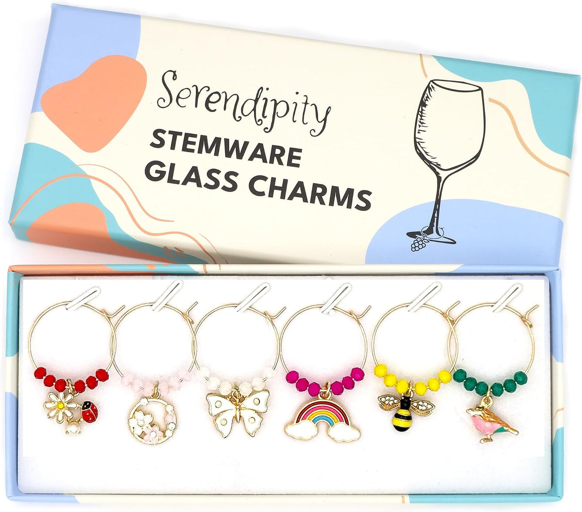 Spring Wine Charms set with Rainbow, Bumble Bee, Daisy with Ladybug, Bird, Cherry Blossom and Butterfly in the Serendipity gift box