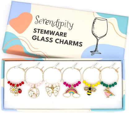 Spring Wine Charms set with Rainbow, Bumble Bee, Daisy with Ladybug, Bird, Cherry Blossom and Butterfly in the Serendipity gift box