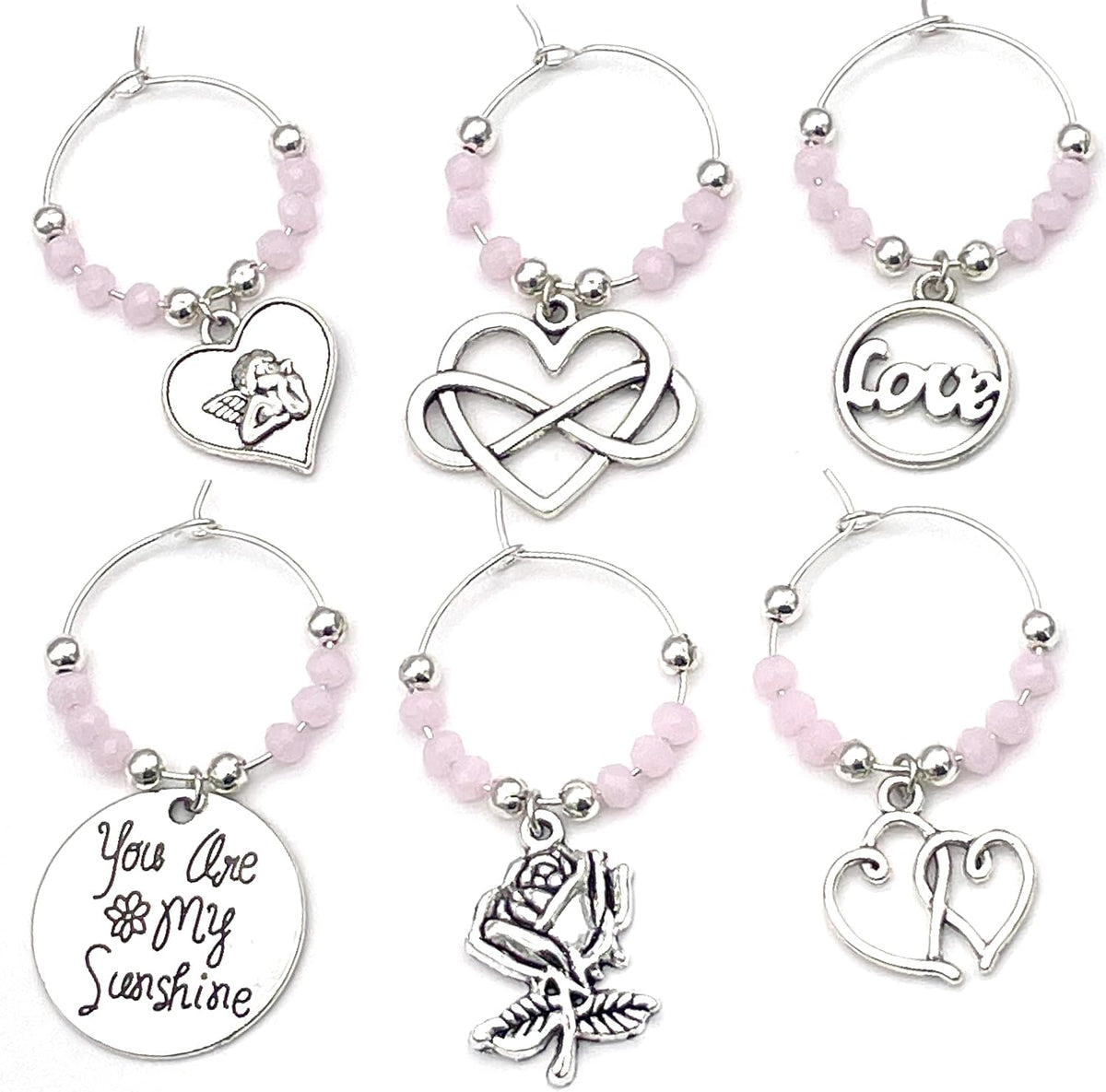 Valentine's Day Wine Charms set of 6 silver charms with pink beads: Cupid Heart, Infinity Heart, Love, You Are My Sunshine, Rose and Double Hearts