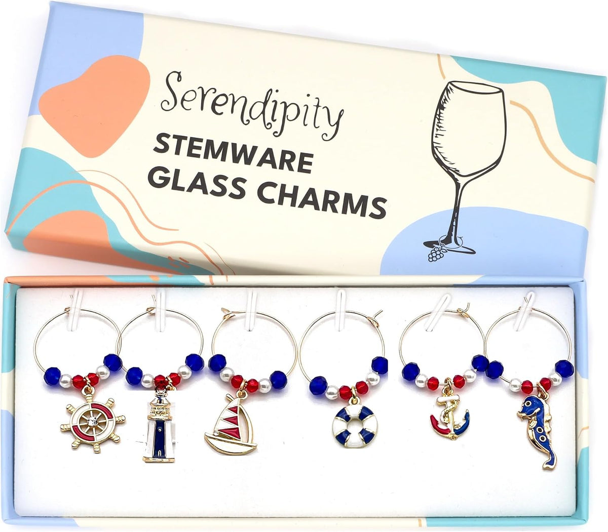 Nautical Wine Charms set with Ship Wheel, Life Ring, Anchor, Sailboat, Lighthouse and Seahorse in the Serendipity gift box
