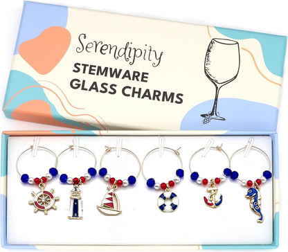 Nautical Wine Charms set with Ship Wheel, Life Ring, Anchor, Sailboat, Lighthouse and Seahorse in the Serendipity gift box