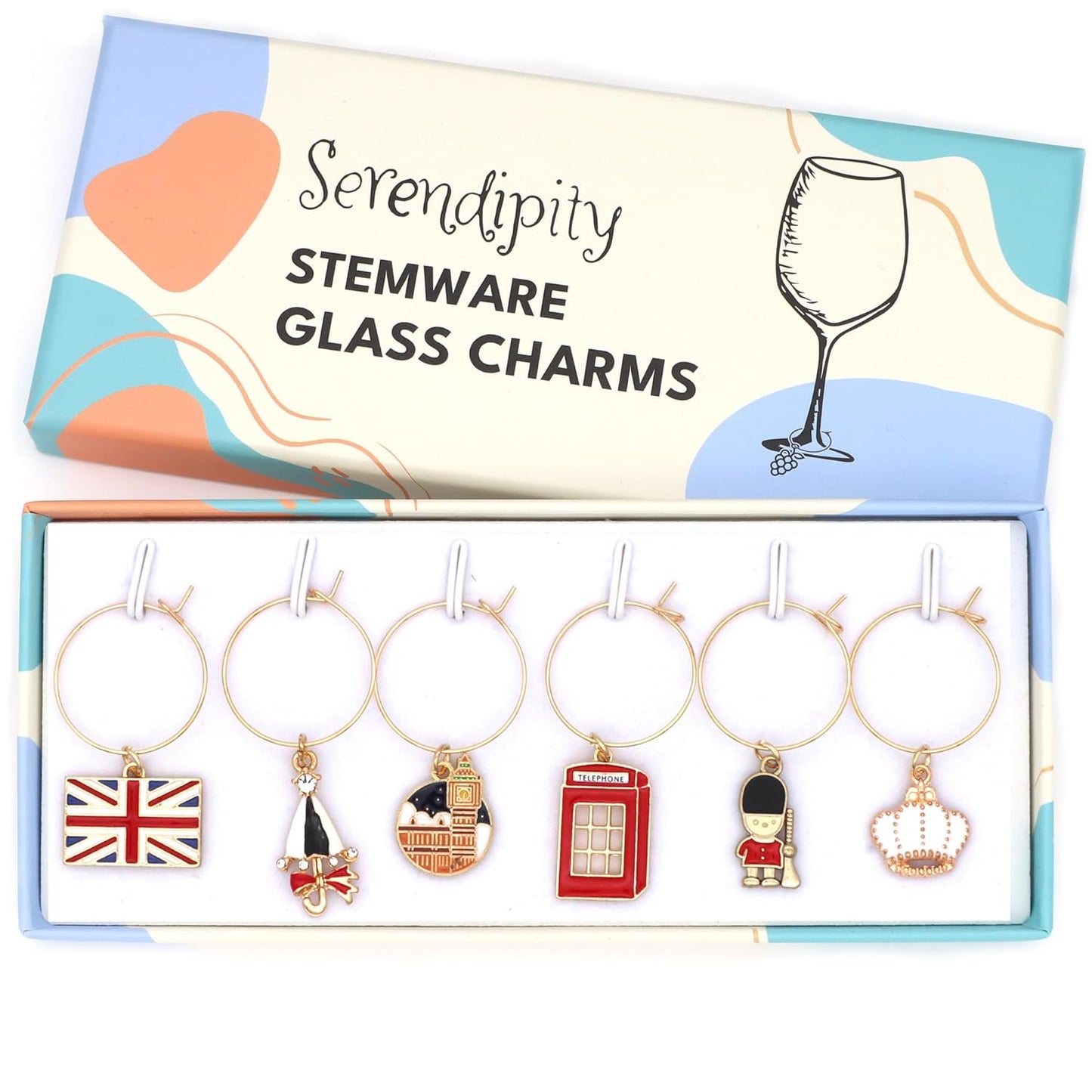 A set of British Wine Charms including iconic British soldier to the Union Jack flag, tea cup, umbrella, Big Ben, and royal crown in the brand's box.