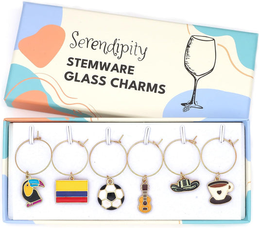 Colombian Wine Charms set with Colombian Flag, Guitar, Rancher's Hat, Toucan, Soccer Ball and Coffee in the Serendipity gift box