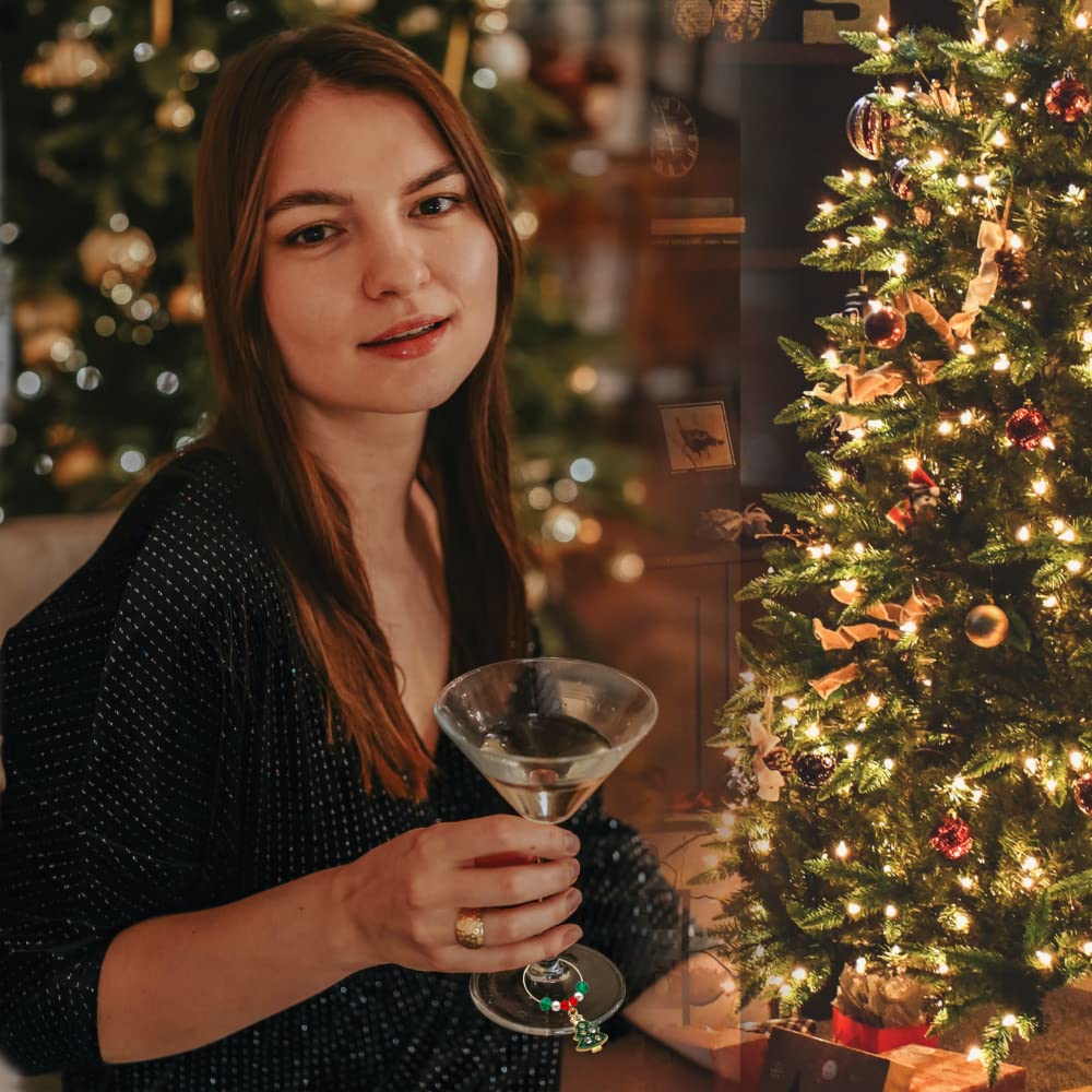 A girl holding Christmas Wine Charms.