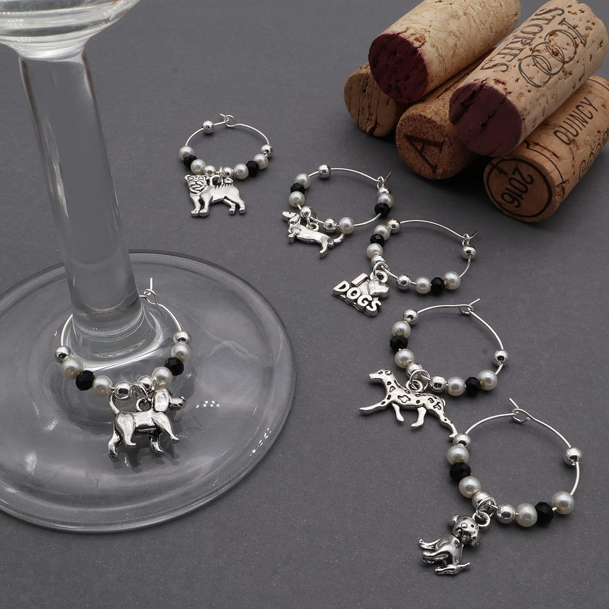 Silver Dog Wine Charms