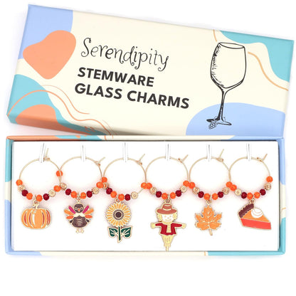 A set of Thanksgiving Wine Charms in the brand's package.