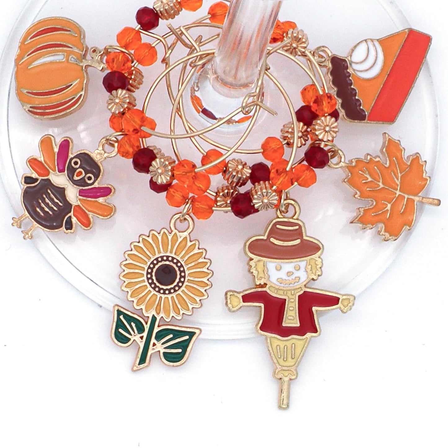 A set of Thanksgiving Wine Charms hooked on the glass.