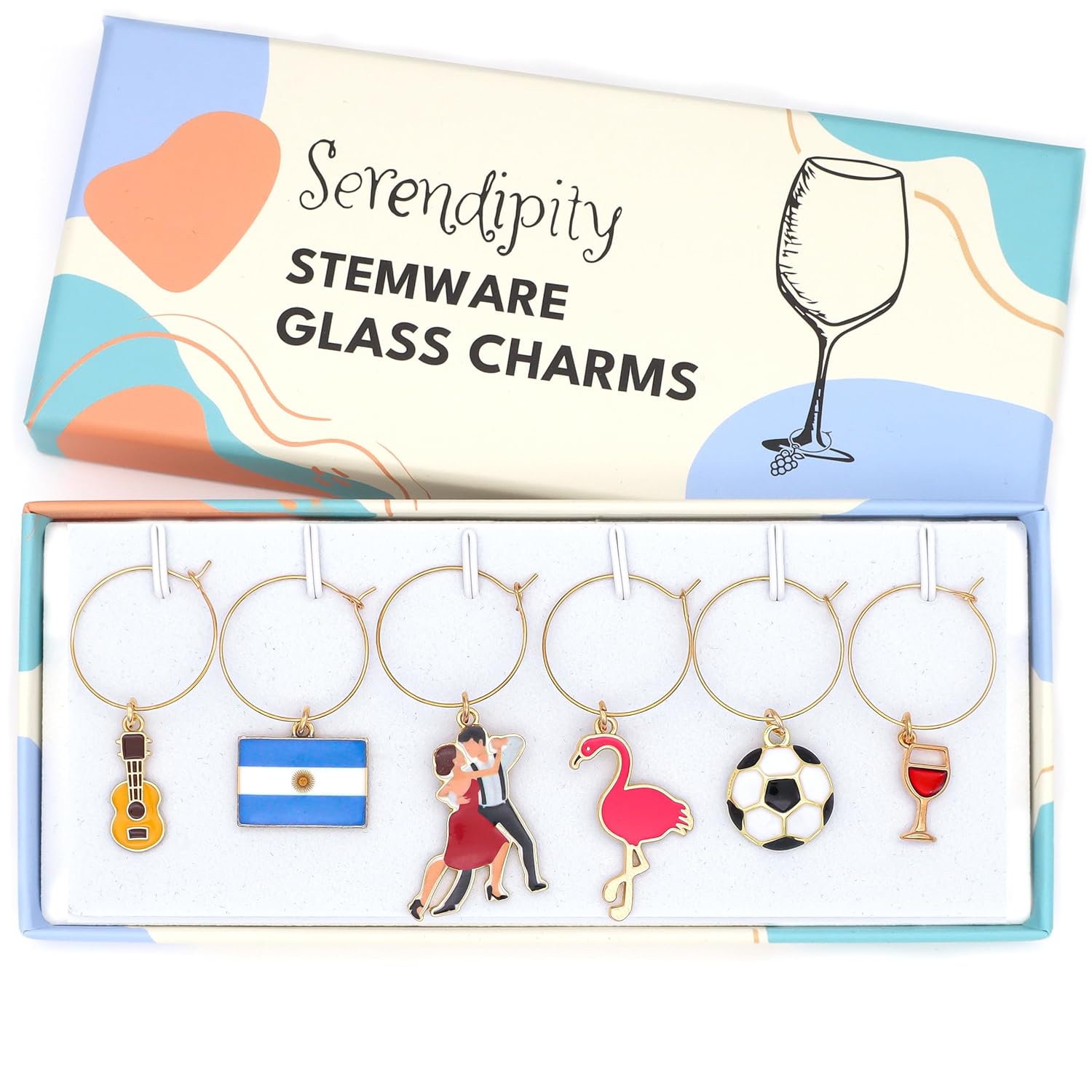 Argentina Wine Charms set of guitar, flamingo, flag, tango dancers, soccer ball, and wine in the brand's box.