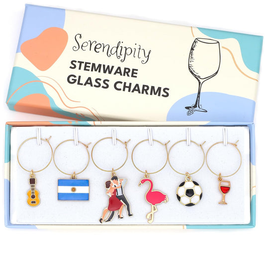 Argentina Wine Charms set with Guitar, Flamingo, Argentina Flag, Tango Dancers, Soccer Ball and Wine in the Serendipity gift box