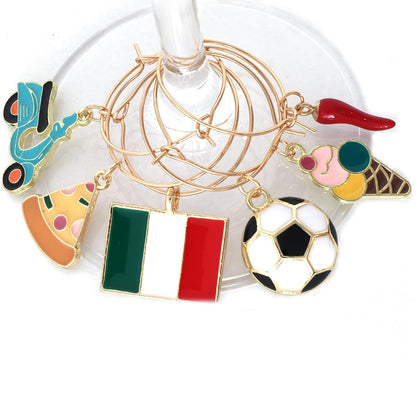 Italian Wine Charms set includes Italian Flag, Vespa, Soccer Ball, Gelato, Red Wine Glass, and Italian Horn hooked on the glass