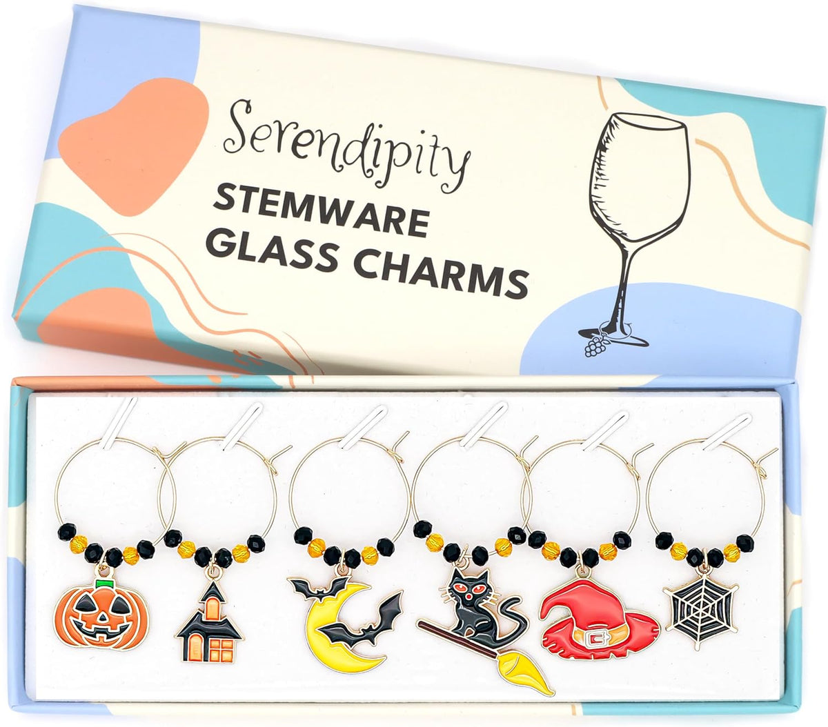 Halloween Wine Charms set with Moon and Bats, Haunted House, Black Cat on Broom, Jack-o'-Lantern, Spider Web and Witch Hat in the Serendipity gift box