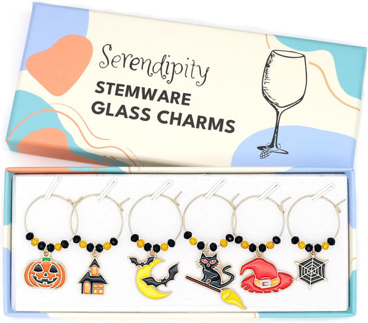 Halloween Wine Charms set with Moon and Bats, Haunted House, Black Cat on Broom, Jack-o'-Lantern, Spider Web and Witch Hat in the Serendipity gift box
