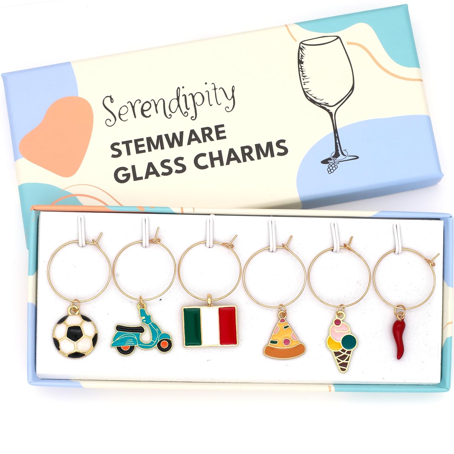 Italian Wine Charms set includes Italian Flag, Vespa, Soccer Ball, Gelato, Red Wine Glass, and Italian Horn in the box