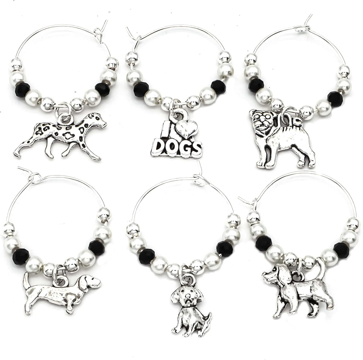 Silver Dog Wine Charms in the Serendipity gift box