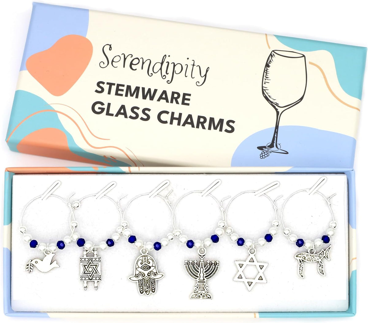 Jewish Wine Charms set with Torah Scroll with Star of David, Menorah, Hamsa Hand, Star of David, Dove with Olive Branch and Chai Symbol in the Serendipity gift box