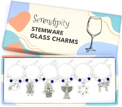 Jewish Wine Charms set with Torah Scroll with Star of David, Menorah, Hamsa Hand, Star of David, Dove with Olive Branch and Chai Symbol in the Serendipity gift box