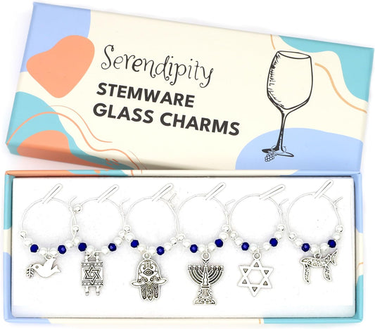 Jewish Wine Charms set with Torah Scroll with Star of David, Menorah, Hamsa Hand, Star of David, Dove with Olive Branch and Chai Symbol in the Serendipity gift box