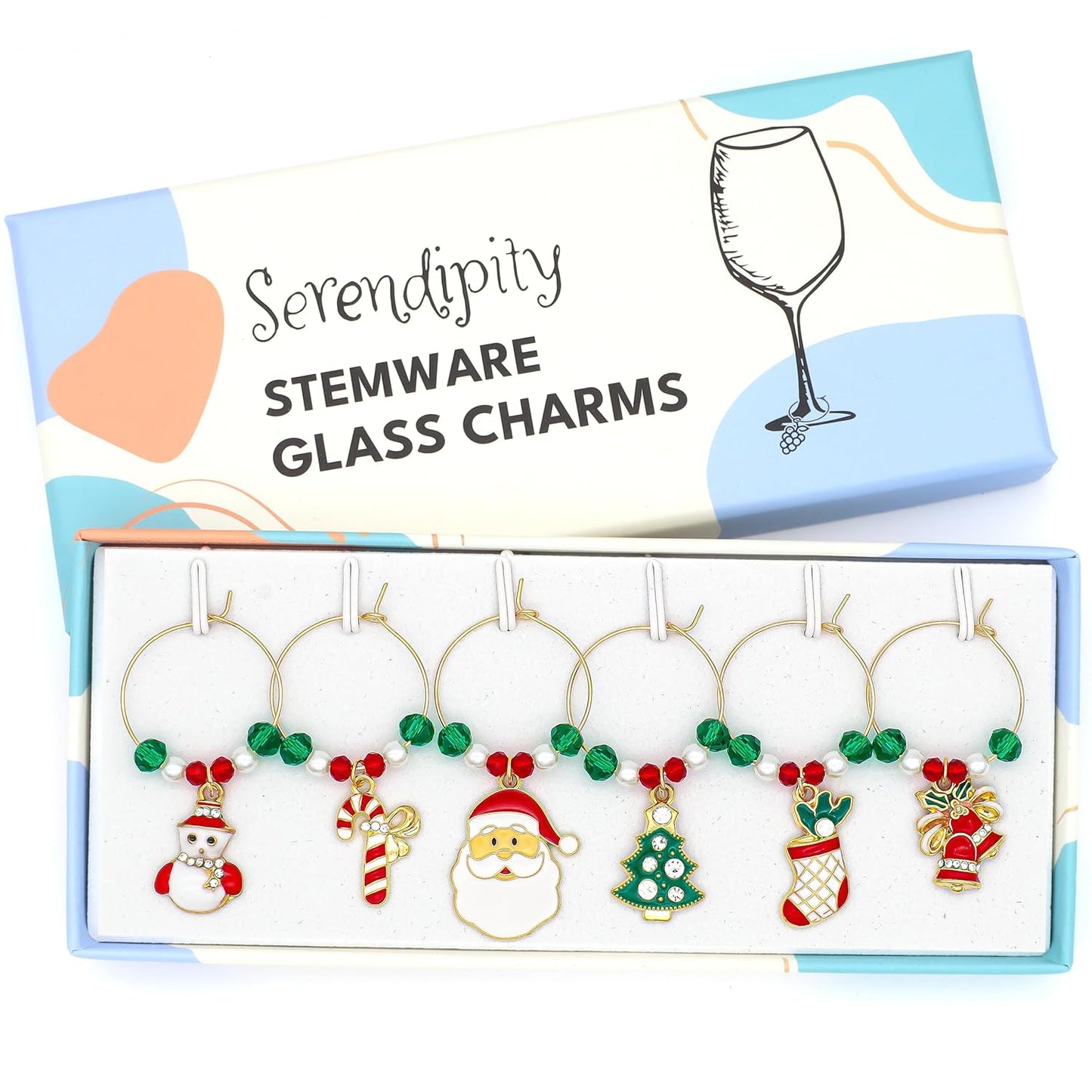 A set of Christmas Wine Charms featuring including Santa, Candy Cane, Snowman, Christmas Bells, Stocking, and Christmas Tree in the brand's box.