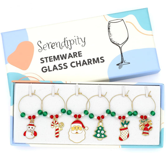 Christmas Wine Charms set with Santa, Candy Cane, Snowman, Christmas Bells, Stocking and Christmas Tree in the Serendipity gift box