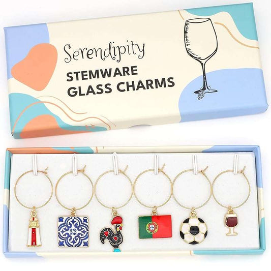 Portugal Wine Charms set with Rooster, Porto Wine, Azulejo Tile, Lighthouse, Soccer Ball and Flag in the Serendipity gift box