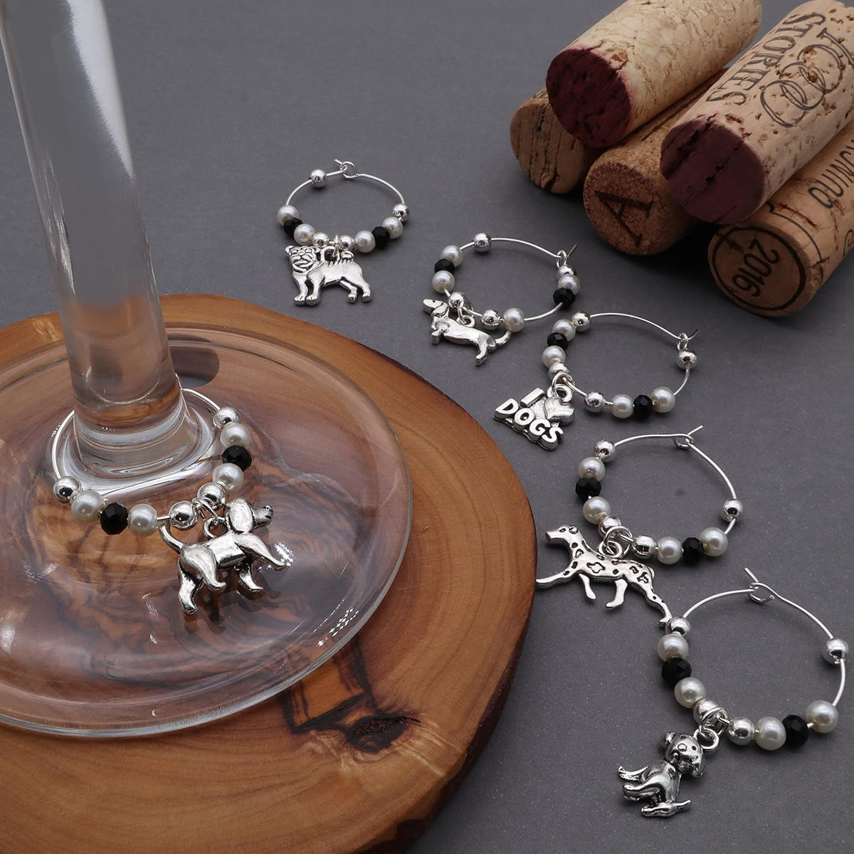Silver Dog Wine Charms
