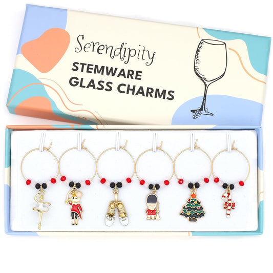 Nutcracker Wine Charms set with Nutcracker Soldier, Mouse King, Candy Cane, Sugar Plum Fairy, Pointe Shoes and Christmas Tree in the Serendipity gift box