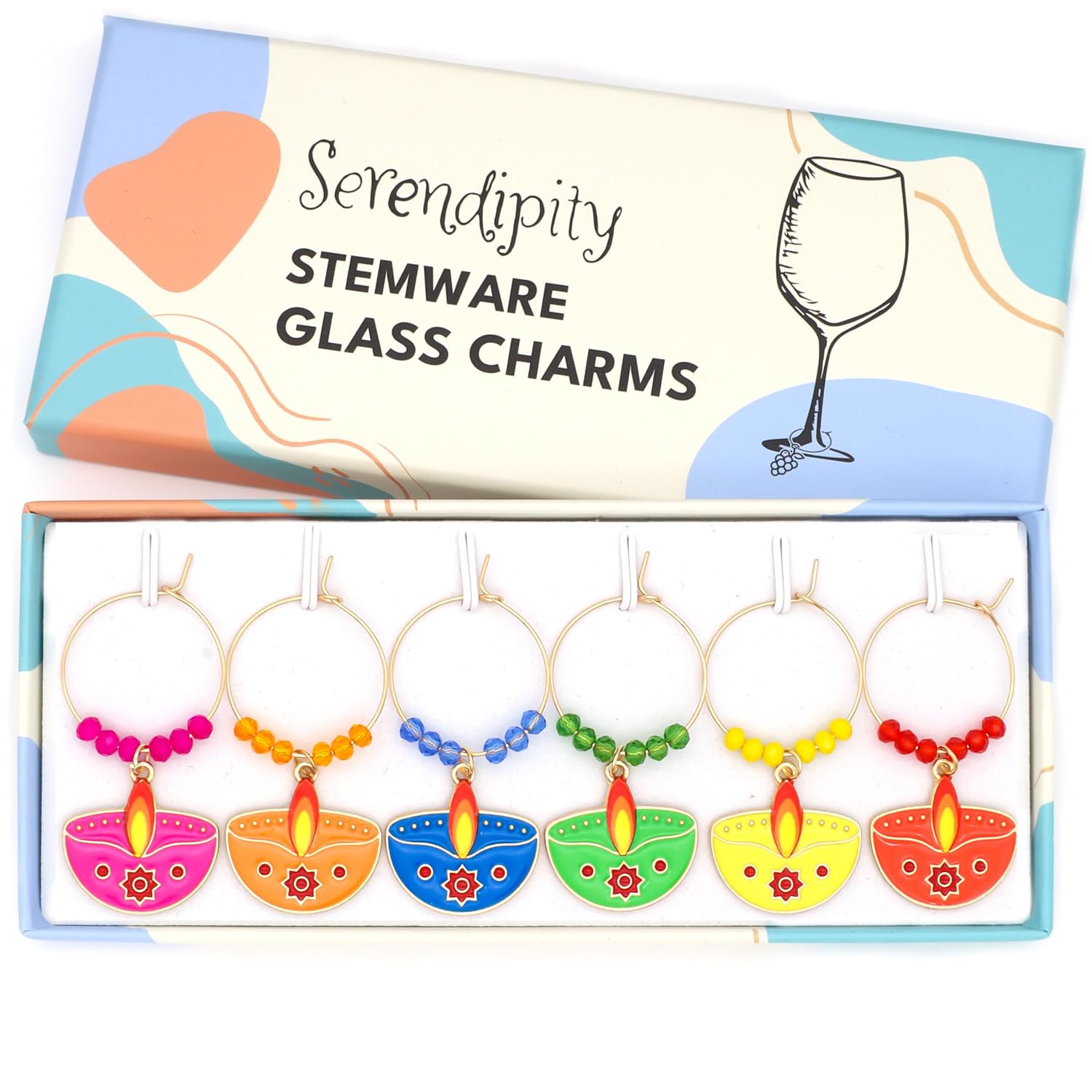 A colofrul set of Diwali Wine Charms in the brand's box package.