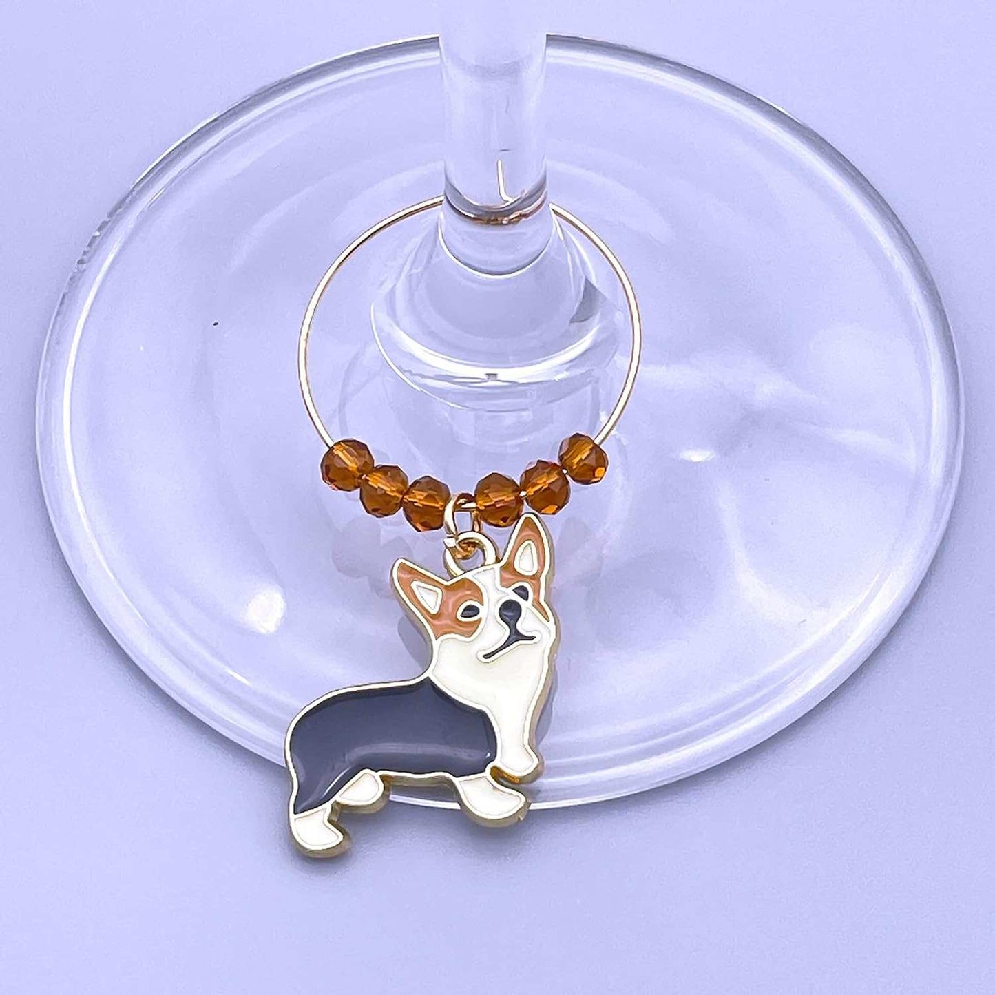 German Shepherd Dog Wine Charms hooked on the wine glass.