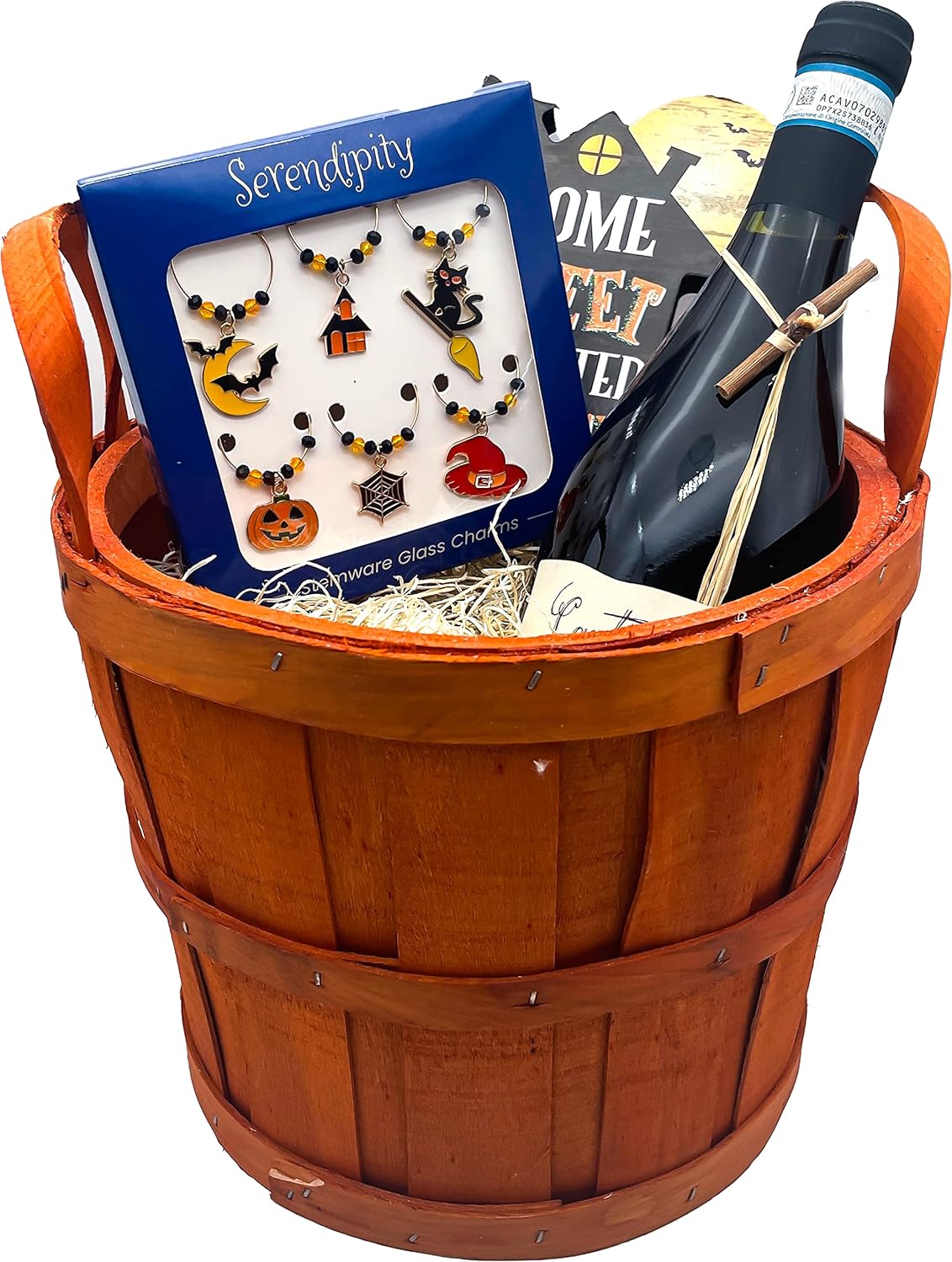 Halloween Wine Charms-themed basket filled with spooky delights, including wine.