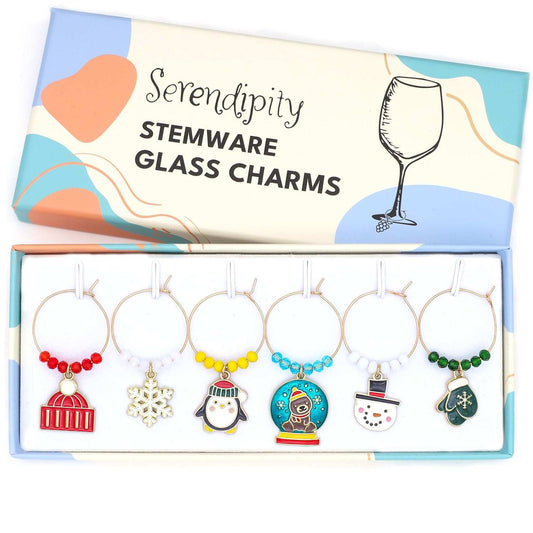 Winter Wine Charms set with Red Knit Hat, Snowflake, Penguin, Snow Globe with Bear, Snowman and Green Mittens in the Serendipity gift box