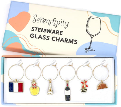 French Wine Charms set with Flag of France, Eiffel Tower, Croissant, Moulin Rouge, French Wine and Perfume in the Serendipity gift box