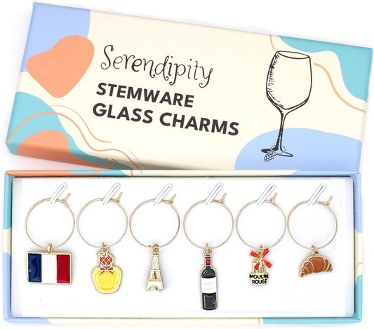 French Wine Charms set with Flag of France, Eiffel Tower, Croissant, Moulin Rouge, French Wine and Perfume in the Serendipity gift box