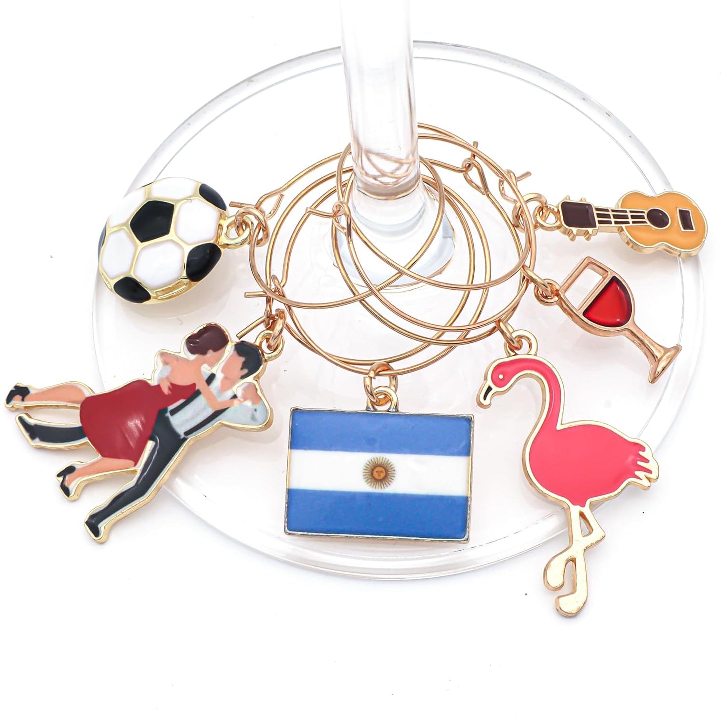 Argentina Wine Charms guitar, flamingo, flag, tango dancers, soccer ball, and wine hooked on the wine glass.