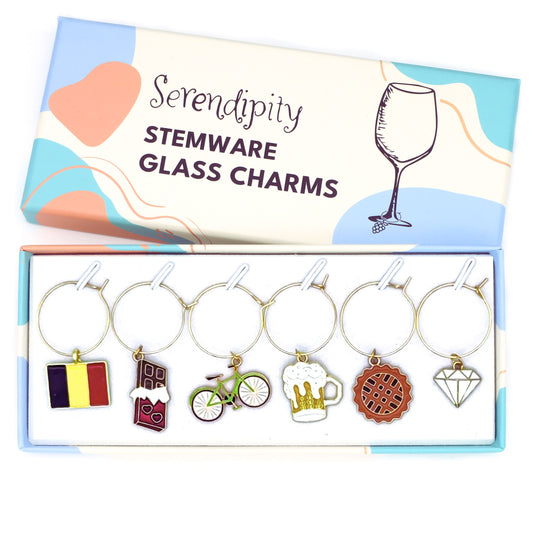 Serendipity Belgium Wine Glass Charms Set of 6, Belgium Gifts for Women and Men, Belgian Souvenir, Travel Present, Expats Gift, Party Decor, Hostess Gift